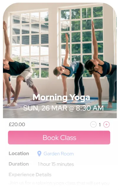 A Bookable event page for a Morning Yoga class open in Instagram's in-app browser