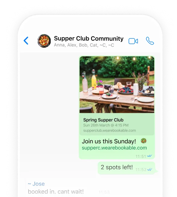 A WhatsApp chat with a booking link